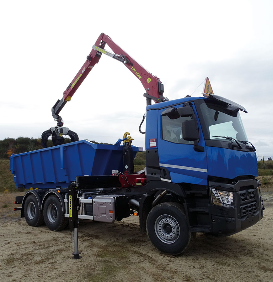 CHEZ-CORNUT-CARROSSERIE-INDUSTRIELLE-GRUE-dechets-tajfunLIV-L150Z78-Bras-hydraulique-MEC-KTFBS-plateau-berce-emboitable-grappin-renault-trucks
